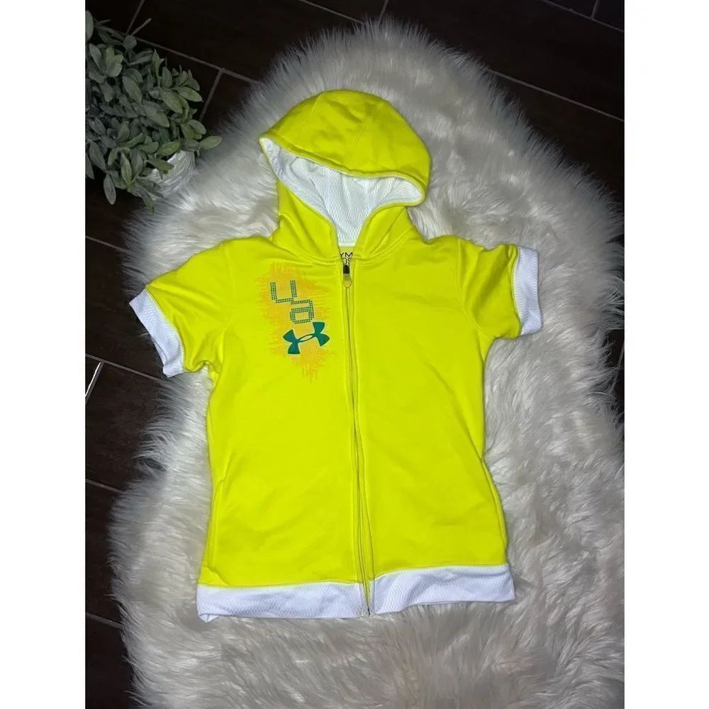 Under Armour loose bright yellow hooded zip up shirt sz Medium
